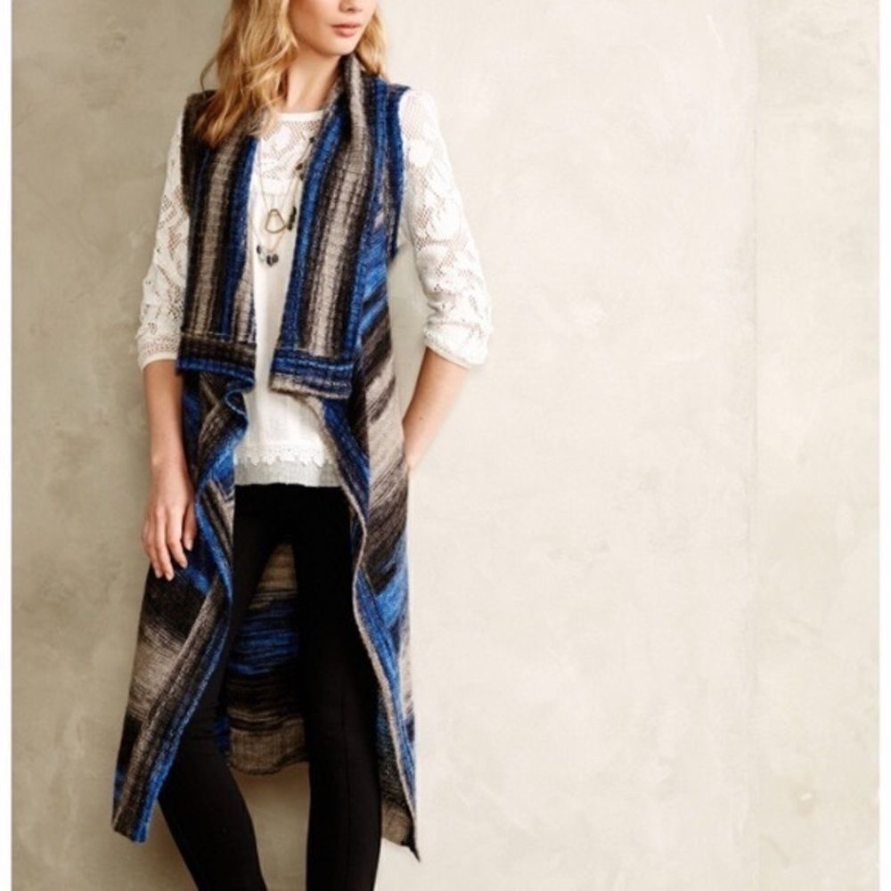 anthropologie Moth Blue Space Gray Sleeveless Knit Long Cardigan